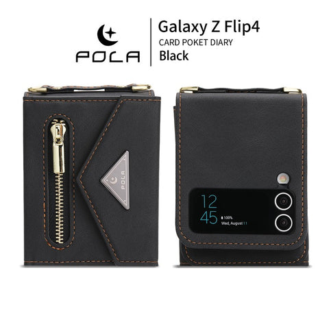 POLA For Samsung Galaxy Z Flip3 5G Zipper Pocket Kickstand Multiple Card Slots PU Leather Phone Cover with Shoulder Strap
