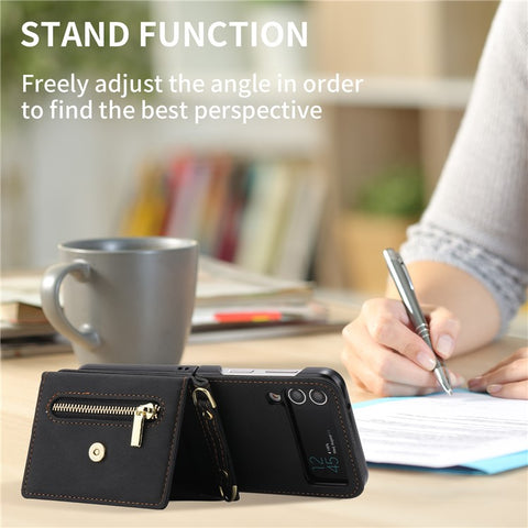POLA For Samsung Galaxy Z Flip3 5G Zipper Pocket Kickstand Multiple Card Slots PU Leather Phone Cover with Shoulder Strap