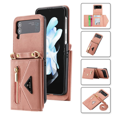 POLA For Samsung Galaxy Z Flip3 5G Zipper Pocket Kickstand Multiple Card Slots PU Leather Phone Cover with Shoulder Strap