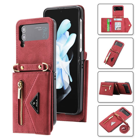 POLA For Samsung Galaxy Z Flip3 5G Zipper Pocket Kickstand Multiple Card Slots PU Leather Phone Cover with Shoulder Strap