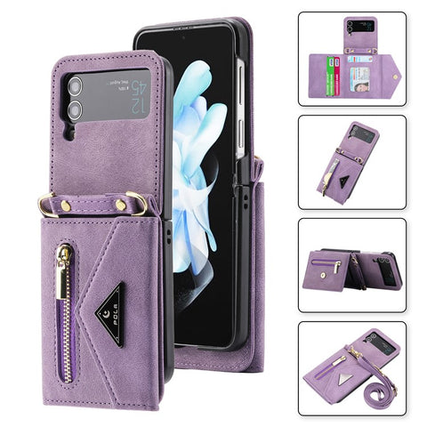 POLA For Samsung Galaxy Z Flip3 5G Zipper Pocket Kickstand Multiple Card Slots PU Leather Phone Cover with Shoulder Strap