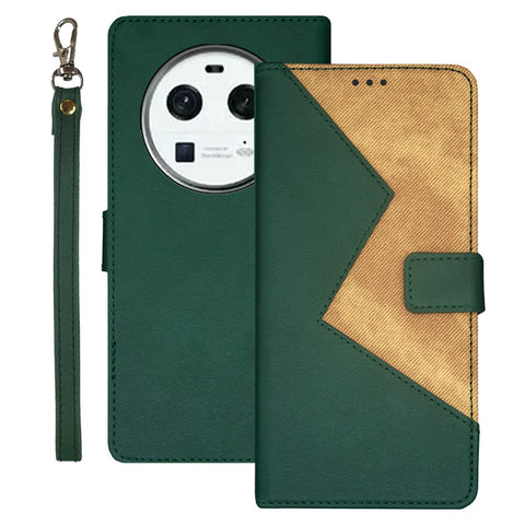 IDEWEI For Oppo Find X6 Color Splicing Phone Case Card Slots Leather Magnetic Cover with Wrist Strap