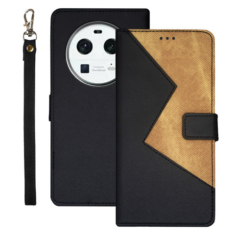 IDEWEI For Oppo Find X6 Color Splicing Phone Case Card Slots Leather Magnetic Cover with Wrist Strap