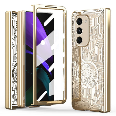 For Samsung Galaxy Z Fold2 5G Mechanical Legend Series Hinge Protection Phone Case Hard PC Electroplating Cover with Tempered Glass Film