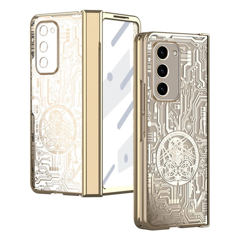 For Samsung Galaxy Z Fold2 5G Mechanical Legend Series Hinge Protection Phone Case Hard PC Electroplating Cover with Tempered Glass Film