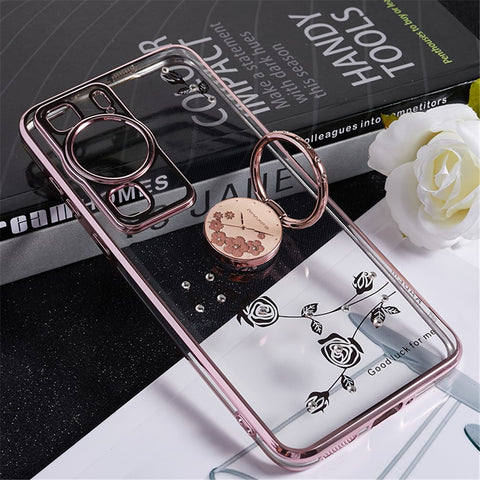 KADEM Electroplating Kickstand TPU Case for Huawei P60 , Flower Pattern Rhinestone Cell Phone Cover