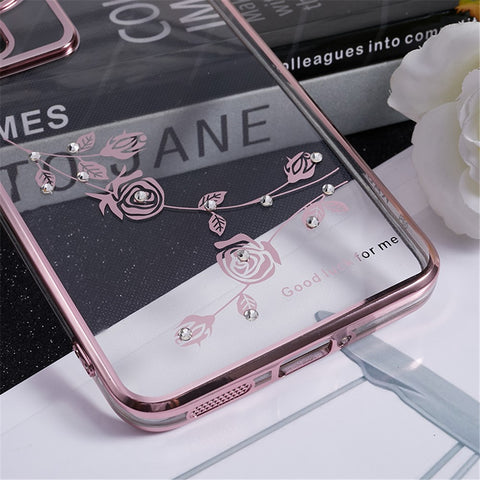KADEM Electroplating Kickstand TPU Case for Huawei P60 , Flower Pattern Rhinestone Cell Phone Cover