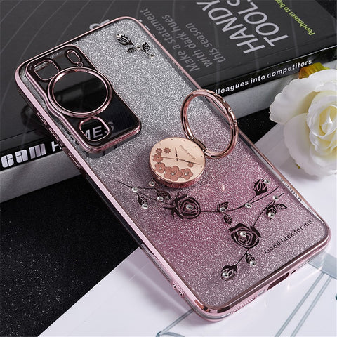 KADEM For Huawei P60 Flower Pattern Kickstand TPU Case Rhinestone Gradient Glitter TPU Cover