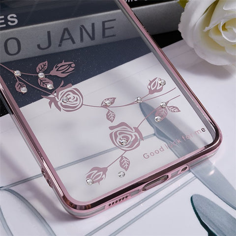 KADEM For Samsung Galaxy S20 Plus 5G / 4G Flower Pattern TPU Case Rhinestone Electroplating Kickstand Phone Cover