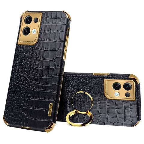 For Oppo Reno8 Pro+ 5G (Global Version) Crocodile Texture Leather Coated TPU Back Cover Ring Kickstand 6D Electroplating Phone Case
