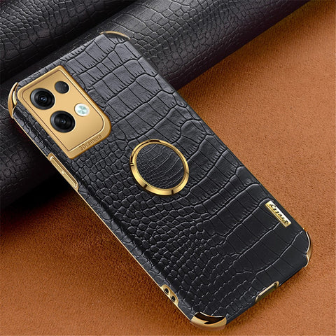 For Oppo Reno8 Pro+ 5G (Global Version) Crocodile Texture Leather Coated TPU Back Cover Ring Kickstand 6D Electroplating Phone Case
