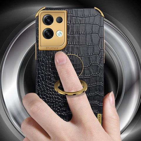 For Oppo Reno8 Pro+ 5G (Global Version) Crocodile Texture Leather Coated TPU Back Cover Ring Kickstand 6D Electroplating Phone Case