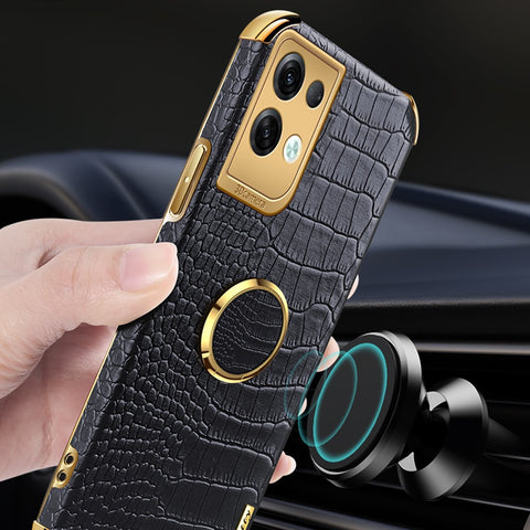 For Oppo Reno8 Pro+ 5G (Global Version) Crocodile Texture Leather Coated TPU Back Cover Ring Kickstand 6D Electroplating Phone Case