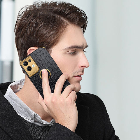 For Oppo Reno8 Pro+ 5G (Global Version) Crocodile Texture Leather Coated TPU Back Cover Ring Kickstand 6D Electroplating Phone Case