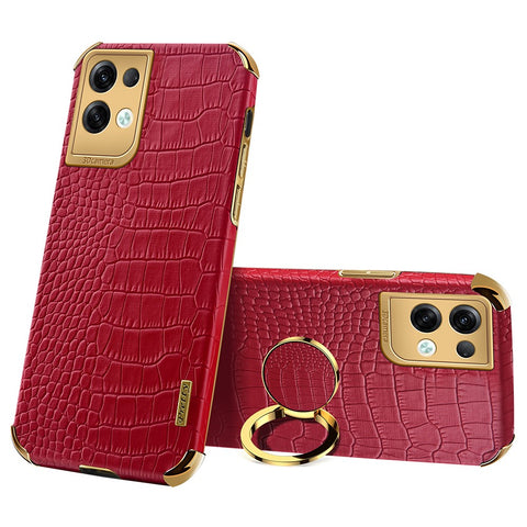 For Oppo Reno8 Pro+ 5G (Global Version) Crocodile Texture Leather Coated TPU Back Cover Ring Kickstand 6D Electroplating Phone Case