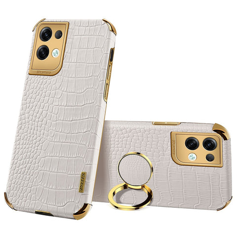 For Oppo Reno8 Pro+ 5G (Global Version) Crocodile Texture Leather Coated TPU Back Cover Ring Kickstand 6D Electroplating Phone Case