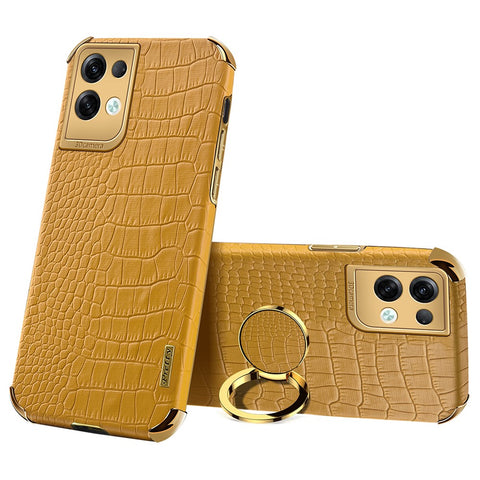 For Oppo Reno8 Pro+ 5G (Global Version) Crocodile Texture Leather Coated TPU Back Cover Ring Kickstand 6D Electroplating Phone Case