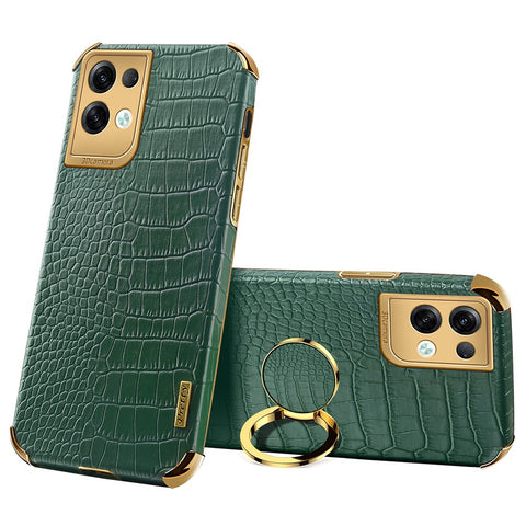 For Oppo Reno8 Pro+ 5G (Global Version) Crocodile Texture Leather Coated TPU Back Cover Ring Kickstand 6D Electroplating Phone Case