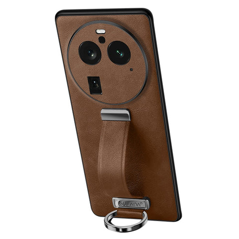 SULADA Fashion Series for Oppo Find X6 Pro Leather Coated PC + TPU Anti-drop Cover Hand Strap Kickstand Crazy Horse Texture Phone Case