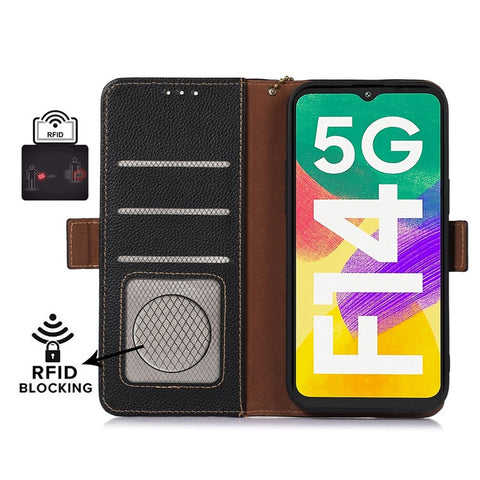 For Samsung Galaxy F14 5G Phone Wallet Case RFID Blocking Genuine Cow Leather Stand Cover