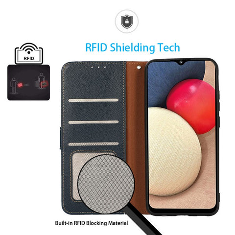 KHAZNEH for Samsung Galaxy F14 5G RFID Blocking PU Leather Shell Litchi Texture Wallet Stand Phone Cover