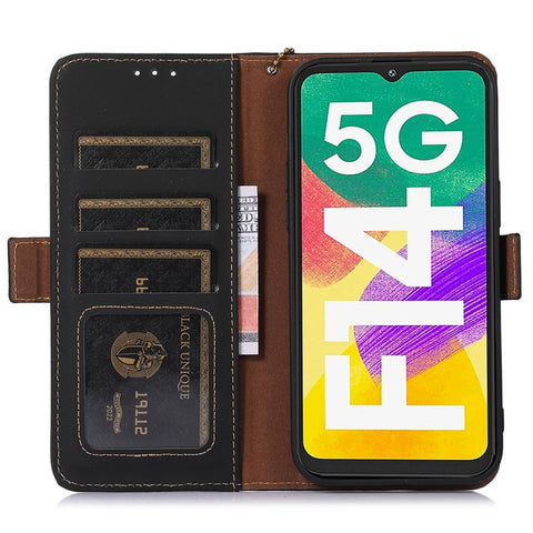 For Samsung Galaxy F14 5G RFID Blocking Phone Cover Genuine Cow Leather Wallet Stand Smartphone Case