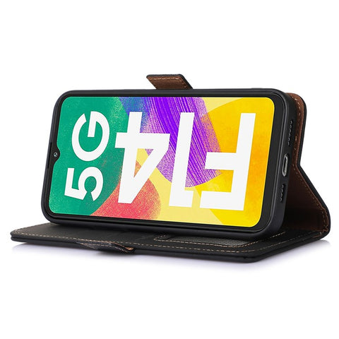 For Samsung Galaxy F14 5G RFID Blocking Phone Cover Genuine Cow Leather Wallet Stand Smartphone Case
