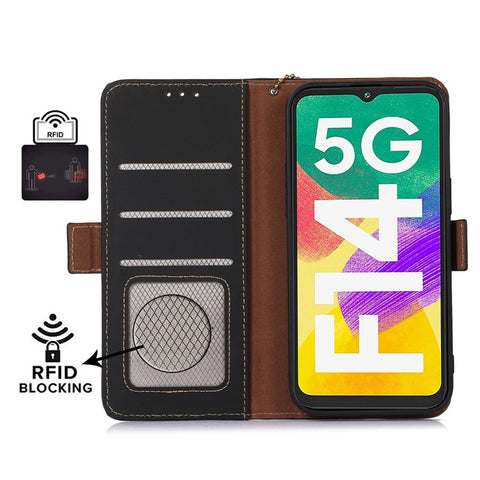 For Samsung Galaxy F14 5G RFID Blocking Phone Cover Genuine Cow Leather Wallet Stand Smartphone Case