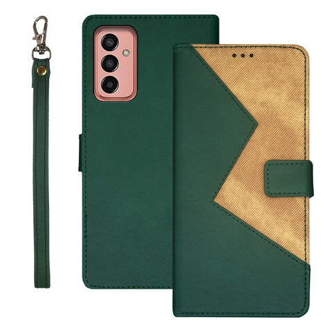 IDEWEI For Samsung Galaxy M13 4G Flip Phone Cover Splicing Style PU Leather Stand Case with Card Slots