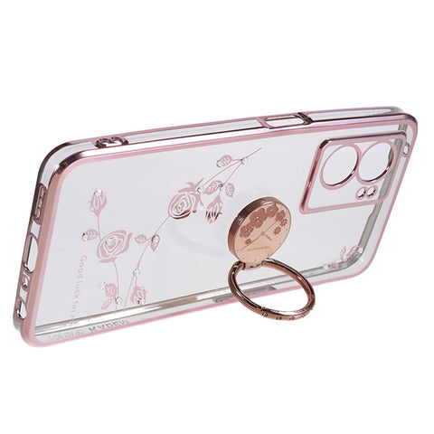 KADEM Rhinestone Flower Cover for Oppo A57 (2022) 5G / A77 5G Electroplated Clear TPU Phone Case with Ring Kickstand