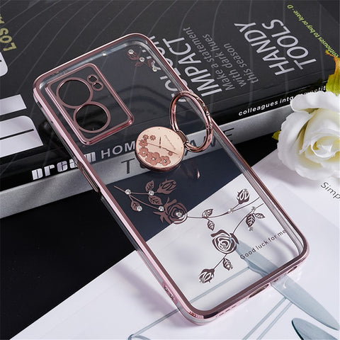 KADEM Rhinestone Flower Cover for Oppo A57 (2022) 5G / A77 5G Electroplated Clear TPU Phone Case with Ring Kickstand