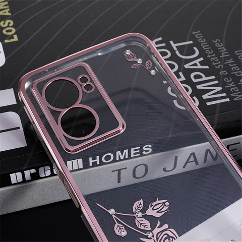 KADEM Rhinestone Flower Cover for Oppo A57 (2022) 5G / A77 5G Electroplated Clear TPU Phone Case with Ring Kickstand