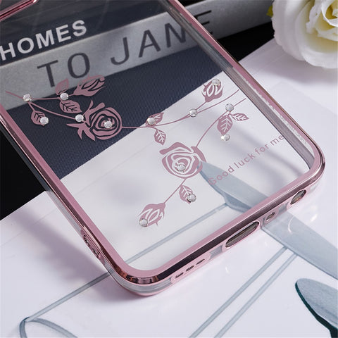 KADEM Rhinestone Flower Cover for Oppo A57 (2022) 5G / A77 5G Electroplated Clear TPU Phone Case with Ring Kickstand
