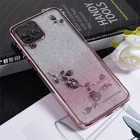 KADEM Rhinestone TPU Phone Case for Samsung Galaxy M32 (Global Version) 4G / M22 , Flower Pattern Gradient Glitter Cover