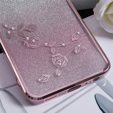KADEM Rhinestone TPU Phone Case for Samsung Galaxy M32 (Global Version) 4G / M22 , Flower Pattern Gradient Glitter Cover
