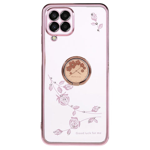 KADEM Flower Pattern TPU Phone Case for Samsung Galaxy M32 (Global Version) 4G / M22 , Kickstand Electroplating Rhinestone Cover