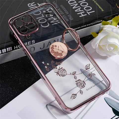 KADEM Flower Pattern TPU Phone Case for Samsung Galaxy M32 (Global Version) 4G / M22 , Kickstand Electroplating Rhinestone Cover