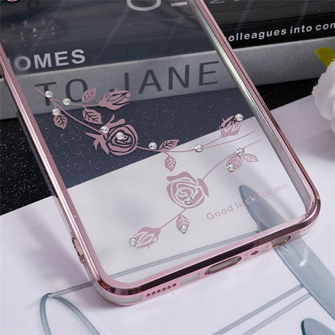 KADEM Flower Pattern TPU Phone Case for Samsung Galaxy M32 (Global Version) 4G / M22 , Kickstand Electroplating Rhinestone Cover