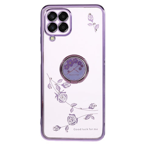KADEM Flower Pattern TPU Phone Case for Samsung Galaxy M32 (Global Version) 4G / M22 , Kickstand Electroplating Rhinestone Cover