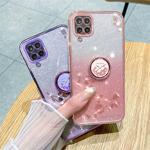 KADEM For Samsung Galaxy M32 (Global Version) 4G / Galaxy M22 Glitter Flower Pattern TPU Case Gradient Rhinestone Phone Cover with Kickstand