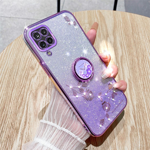 KADEM For Samsung Galaxy M32 (Global Version) 4G / Galaxy M22 Glitter Flower Pattern TPU Case Gradient Rhinestone Phone Cover with Kickstand
