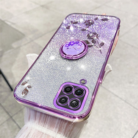 KADEM For Samsung Galaxy M32 (Global Version) 4G / Galaxy M22 Glitter Flower Pattern TPU Case Gradient Rhinestone Phone Cover with Kickstand