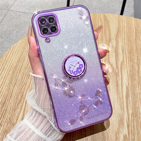 KADEM For Samsung Galaxy M32 (Global Version) 4G / Galaxy M22 Glitter Flower Pattern TPU Case Gradient Rhinestone Phone Cover with Kickstand