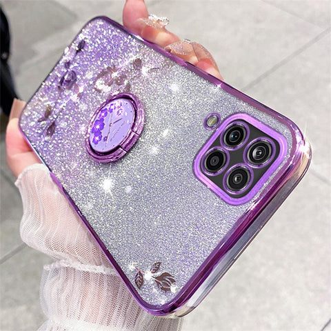 KADEM For Samsung Galaxy M32 (Global Version) 4G / Galaxy M22 Glitter Flower Pattern TPU Case Gradient Rhinestone Phone Cover with Kickstand