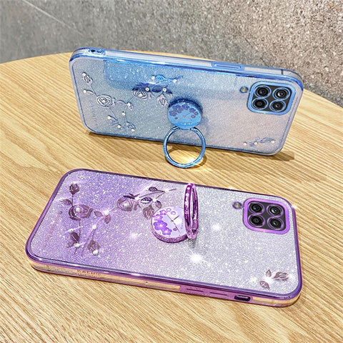 KADEM For Samsung Galaxy M32 (Global Version) 4G / Galaxy M22 Glitter Flower Pattern TPU Case Gradient Rhinestone Phone Cover with Kickstand