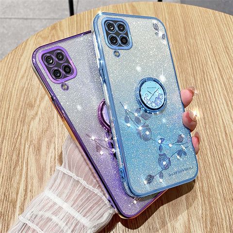 KADEM For Samsung Galaxy M32 (Global Version) 4G / Galaxy M22 Glitter Flower Pattern TPU Case Gradient Rhinestone Phone Cover with Kickstand