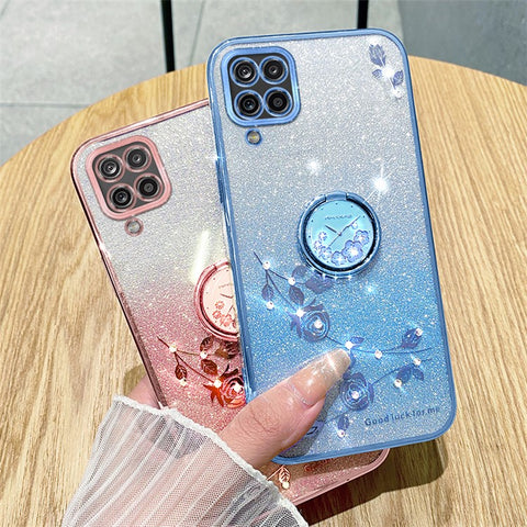KADEM For Samsung Galaxy M32 (Global Version) 4G / Galaxy M22 Glitter Flower Pattern TPU Case Gradient Rhinestone Phone Cover with Kickstand