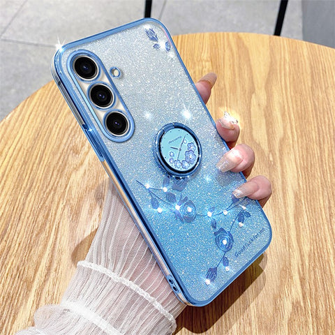 KADEM For Samsung Galaxy M52 5G Flower Pattern Back Cover Ring Kickstand Glitter Gradient TPU Phone Case