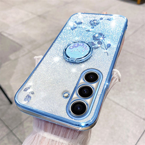 KADEM For Samsung Galaxy M52 5G Flower Pattern Back Cover Ring Kickstand Glitter Gradient TPU Phone Case