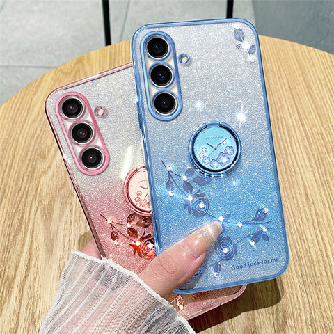 KADEM For Samsung Galaxy M52 5G Flower Pattern Back Cover Ring Kickstand Glitter Gradient TPU Phone Case